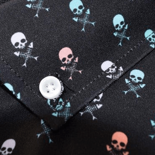 Skull Fish Bones woven shirt black skull and fish bones graphic detail close up