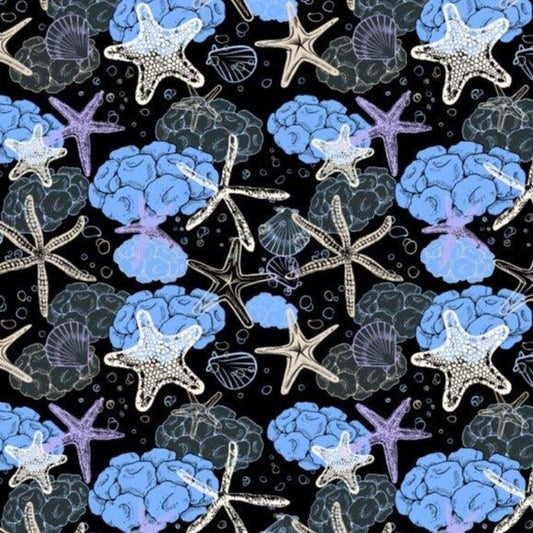 Starfish and Shells woven shirt black coastal graphic detail close up