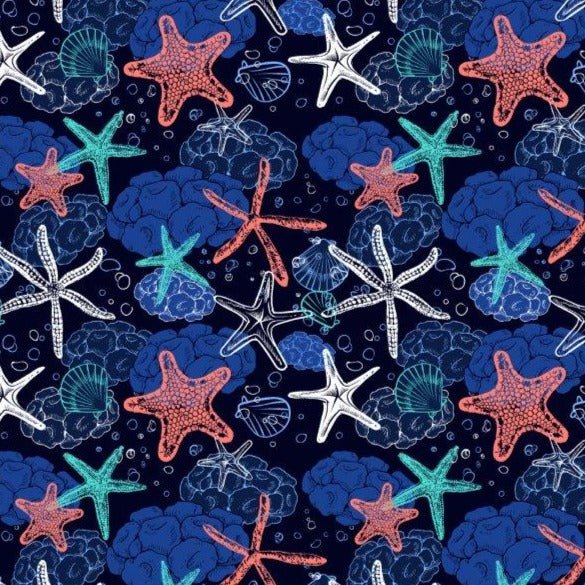 Starfish and Shells woven shirt navy coastal graphic detail close up