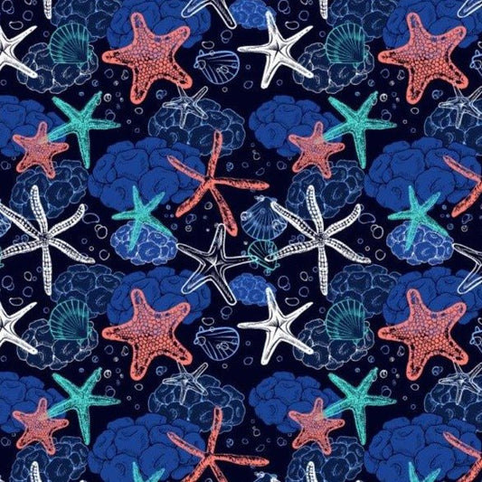 Starfish and Shells woven shirt navy coastal graphic detail close up