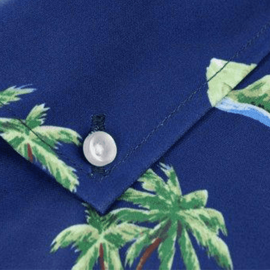 Surf Island woven shirt navy surf island pattern detail close up