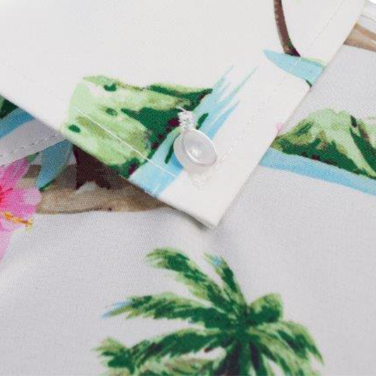Surf Island woven shirt white surf island pattern detail close up