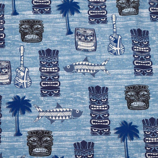 Tiki Totum Woven Shirt blue Tiki Totum pattern detail close up