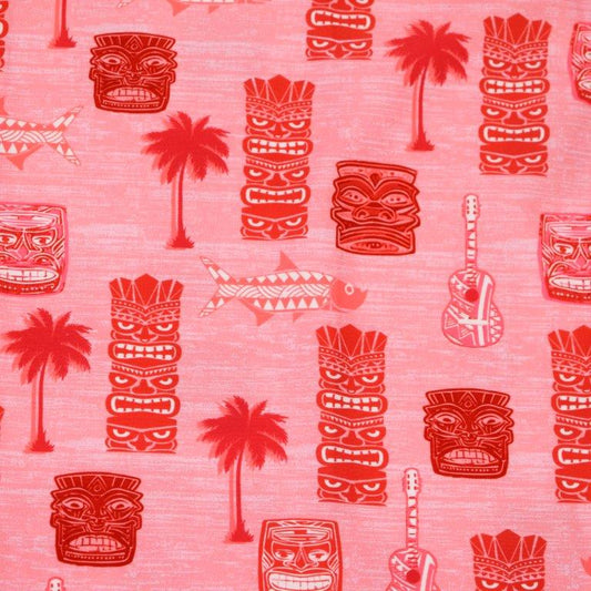 Tiki Totum Woven Shirt coral Tiki Totum pattern close up