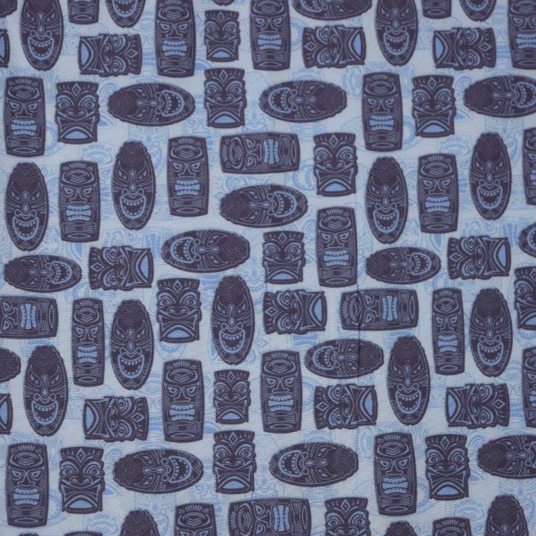 Tribal Masks woven shirt blue tribal masks graphic detail close up