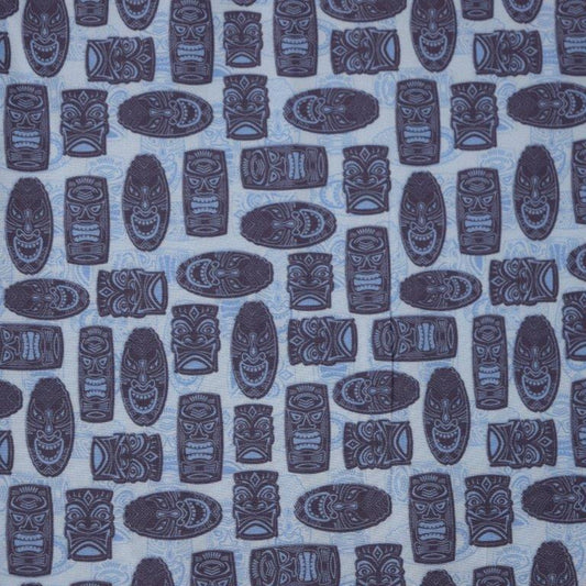 Tribal Masks woven shirt blue tribal masks graphic detail close up