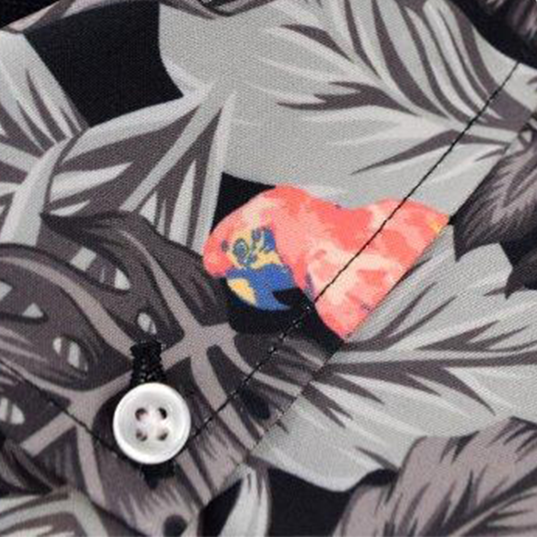 Tropical Birds woven shirt black tropical birds pattern detail close up