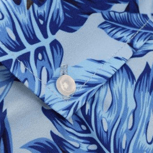 Tropical Birds woven shirt blue tropical birds pattern detail close up