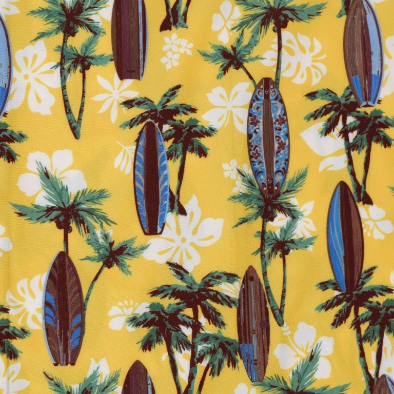 Tropical Surf woven shirt yellow surf graphic detail close up