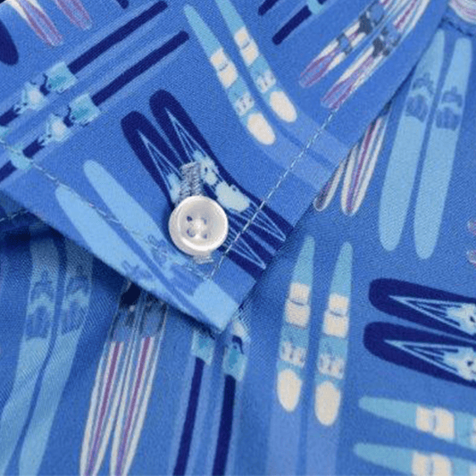 Water Skis woven shirt blue water skis graphic detail close up