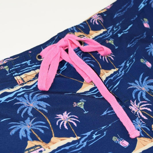 Island Drinking boardshorts navy island drinking pattern detail close up