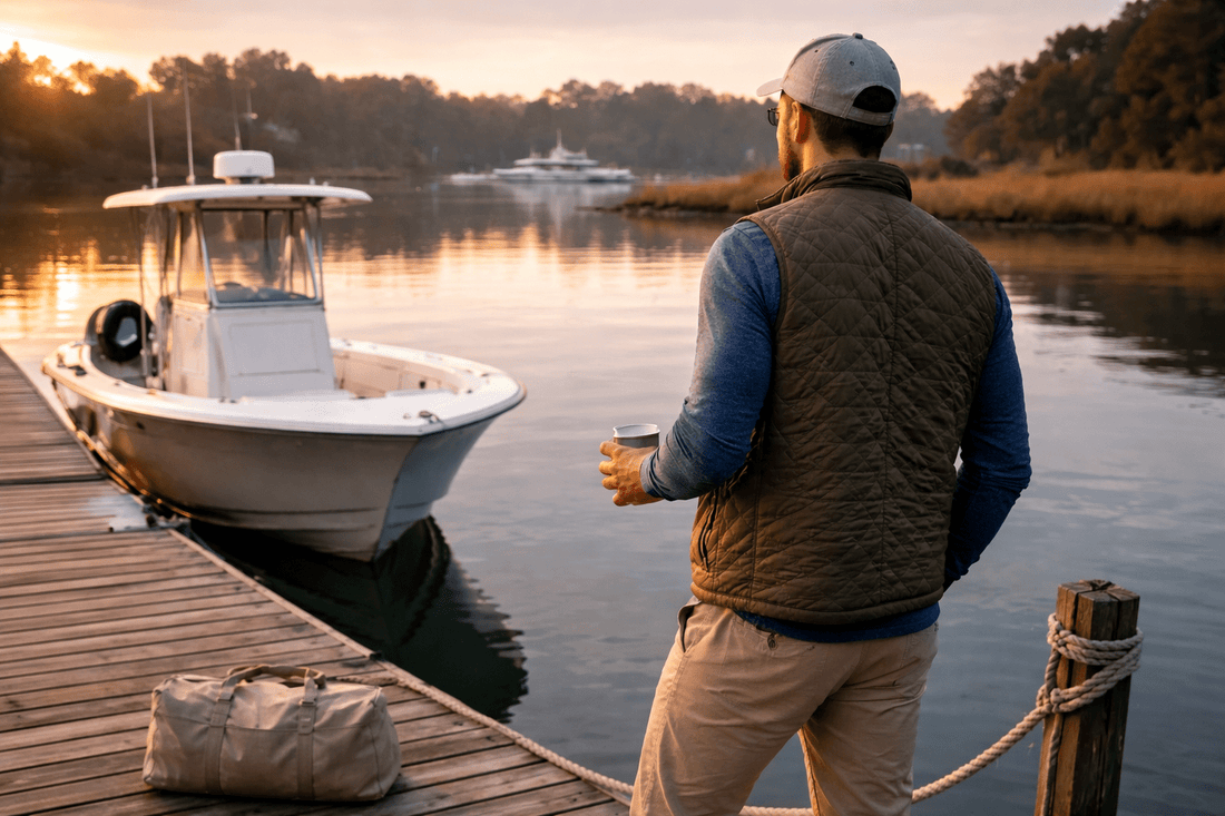 Man standing on a dock in cooler morning weather, wearing layered coastal clothing beside a boat on calm water