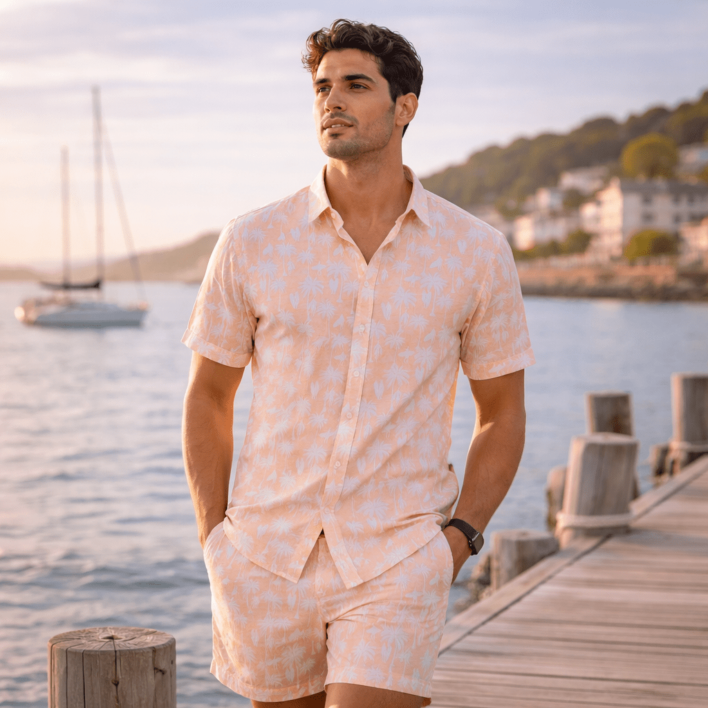 Man in a light pink short-sleeve shirt and matching shorts walking along a marina dock by the water.