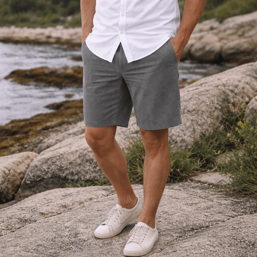 Man wearing Buoy & Boat men's shorts walking along a marina boardwalk near the water