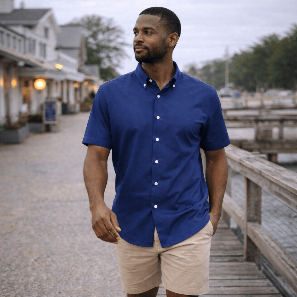 Surf Island woven shirt navy short sleeve stretch button-down front view