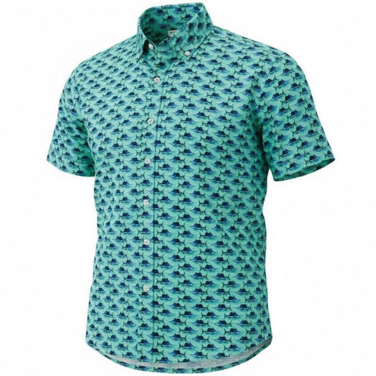 Green patterned short-sleeve shirt on a white background