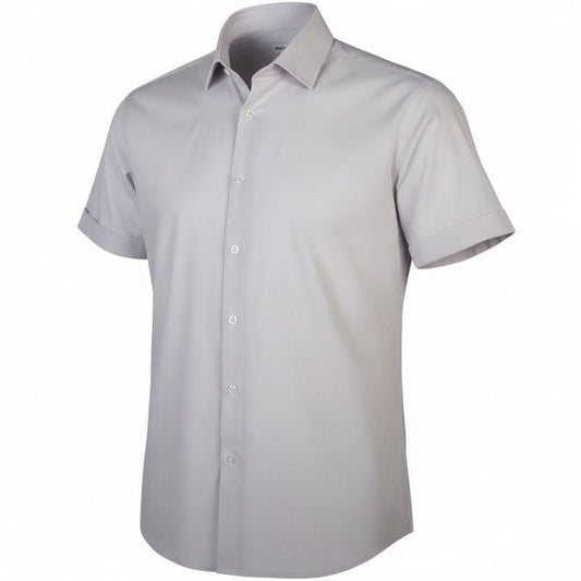 Gray short-sleeve button-up shirt on a white background
