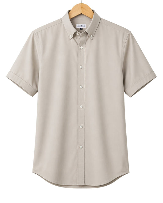 Simple Texture Woven Shirt - Beige - Buoy & Boat - Short Sleeve Performance Button Down - Beige
