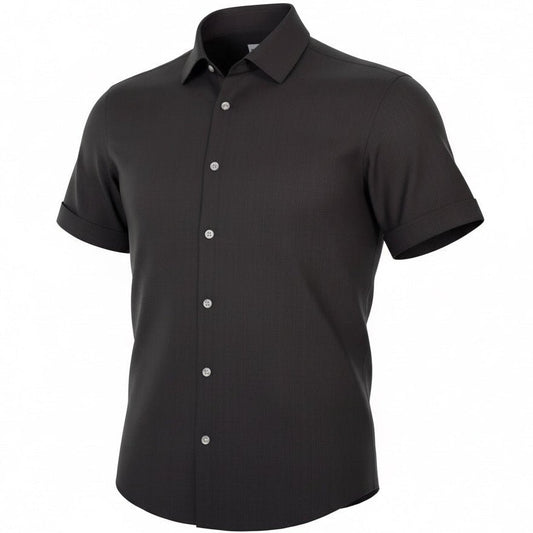 Black short-sleeve shirt with buttons on a white background