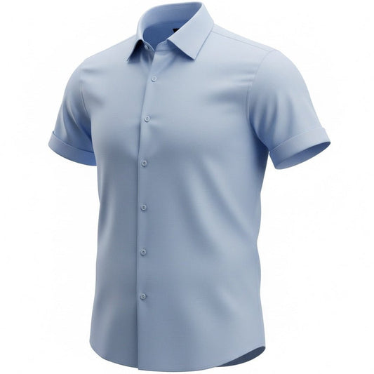 Light blue short-sleeve woven shirt on a white background