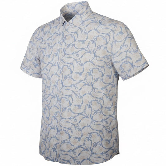 Short-sleeve shirt with blue and white pattern on a white background