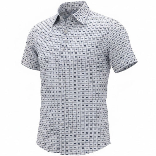 Short-sleeve shirt with a geometric pattern on a white background