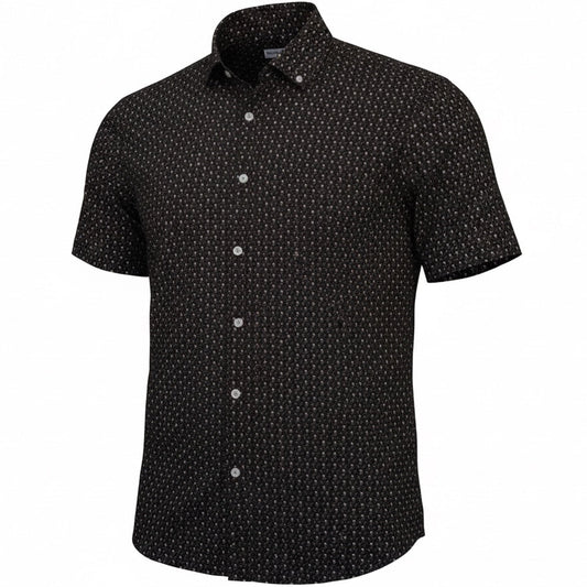 Black short-sleeve shirt with white pattern on a white background