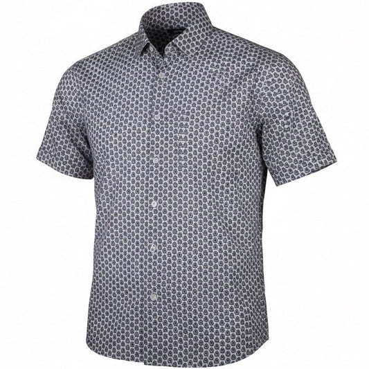 Short-sleeve shirt with a geometric pattern on a white background
