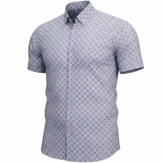 Short-sleeve shirt with a geometric pattern on a white background
