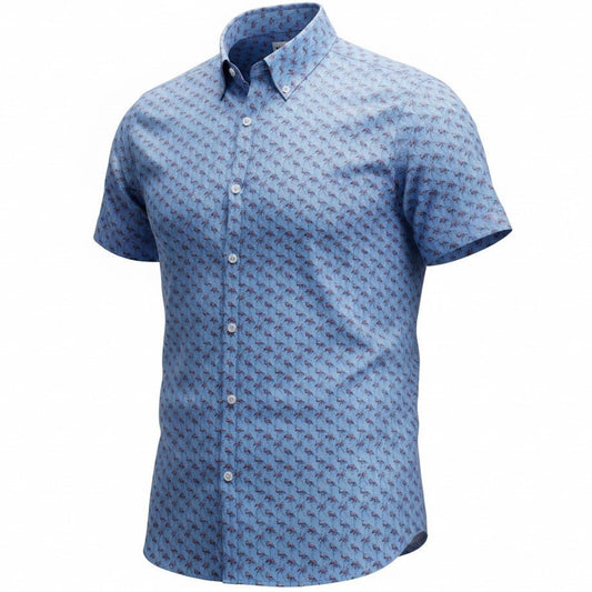 Blue patterned short-sleeve shirt on a white background