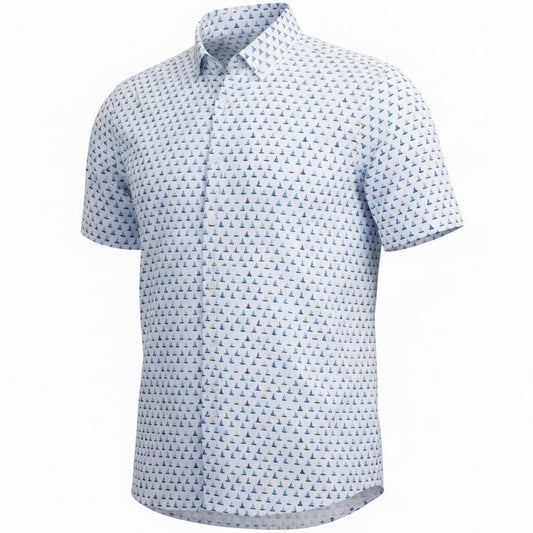 Short-sleeve shirt with geometric pattern on a white background