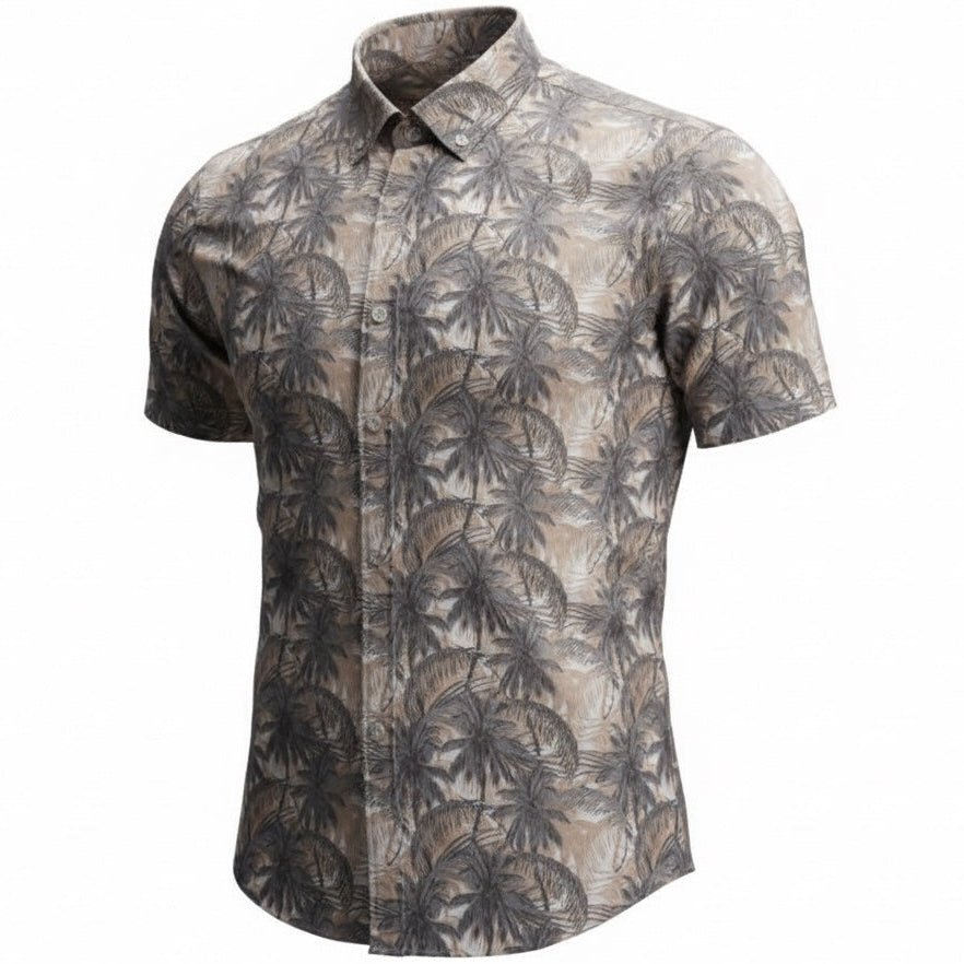 Short-sleeve shirt with palm leaf pattern on a white background