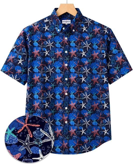 Starfish and Shells Woven Shirt - Navy - Buoy & Boat - Short Sleeve Performance Button Down - Navy