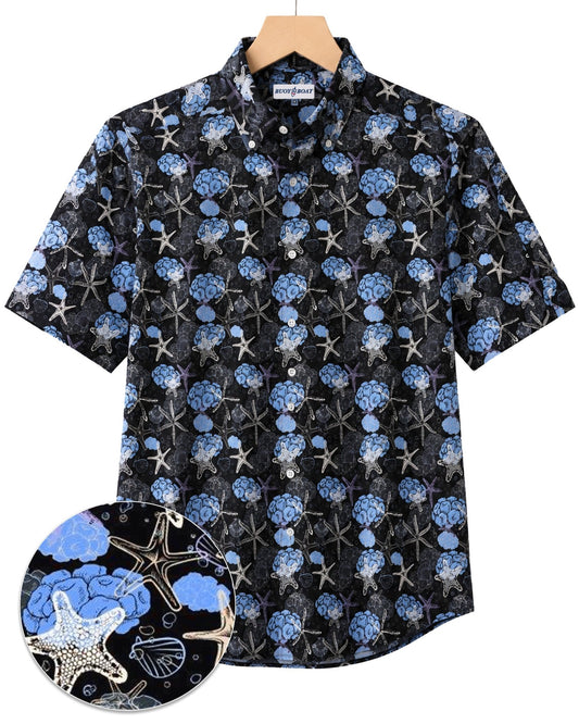 Starfish and Shells Woven Shirt - Black - Buoy & Boat - Short Sleeve Performance Button Down - Black