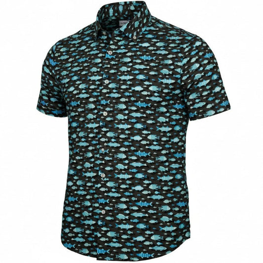 Short-sleeve shirt with blue fish pattern on a white background