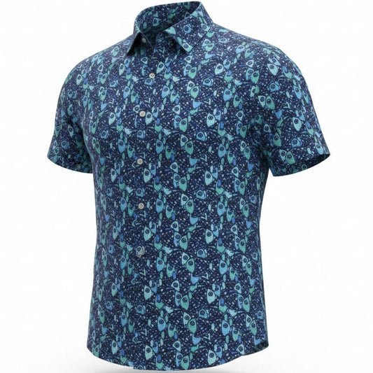 Short-sleeve shirt with blue and green pattern on a white background