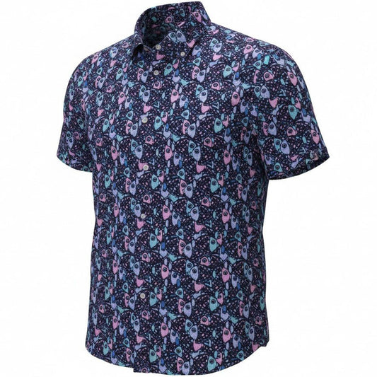 Short-sleeve shirt with a colorful pattern on a white background