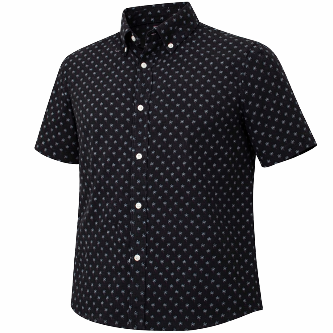 Palm Village woven shirt black front view
Palm Village short sleeve stretch button down shirt black
Palm Village black woven shirt side detail
Palm Village black button down shirt lifestyle outdoor
Palm Village breathable woven shirt black close up fabric