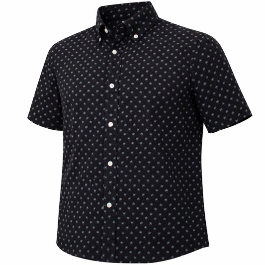 Palm Village woven shirt black front view
Palm Village short sleeve stretch button down shirt black
Palm Village black woven shirt side detail
Palm Village black button down shirt lifestyle outdoor
Palm Village breathable woven shirt black close up fabric