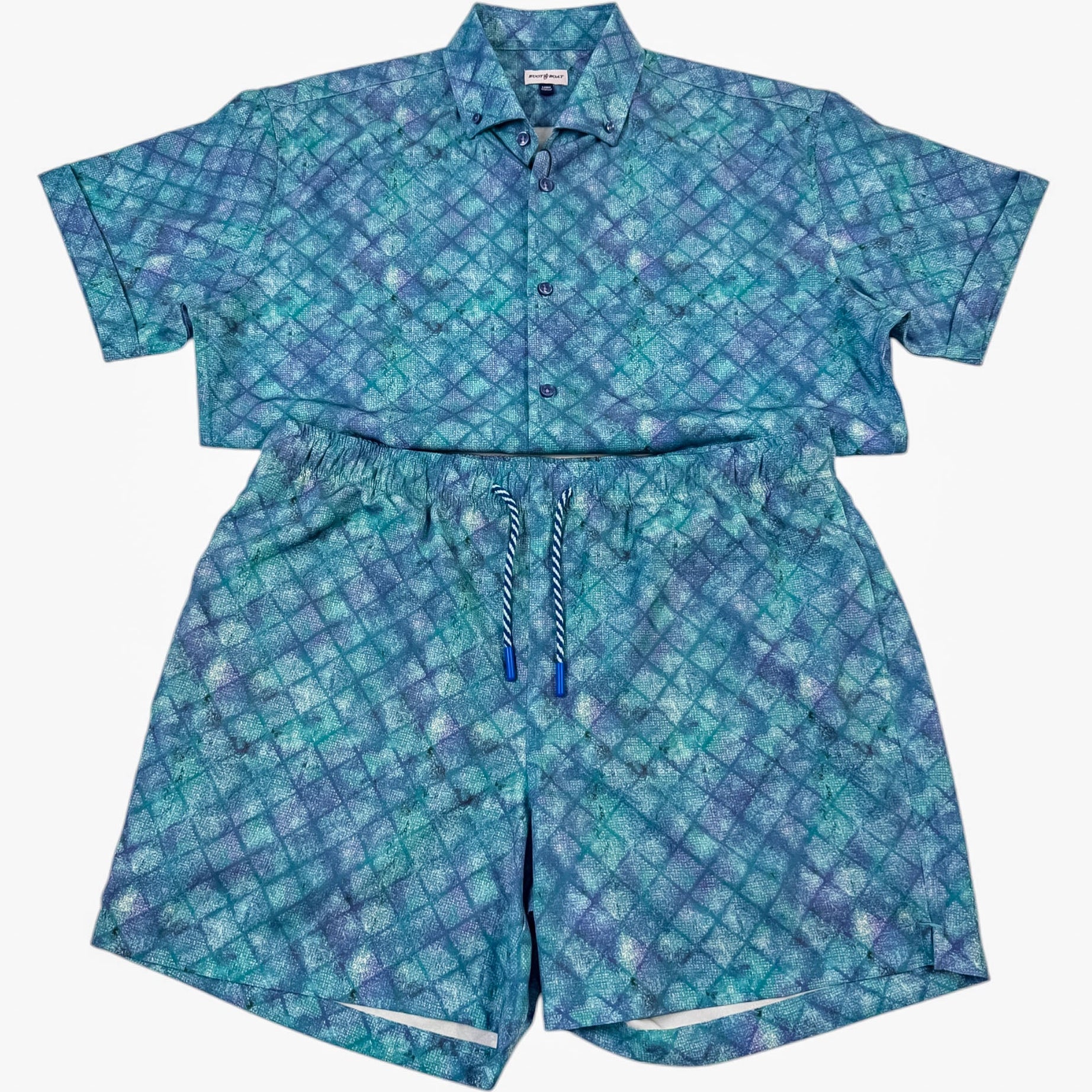 Blue patterned shirt and shorts set on a white background