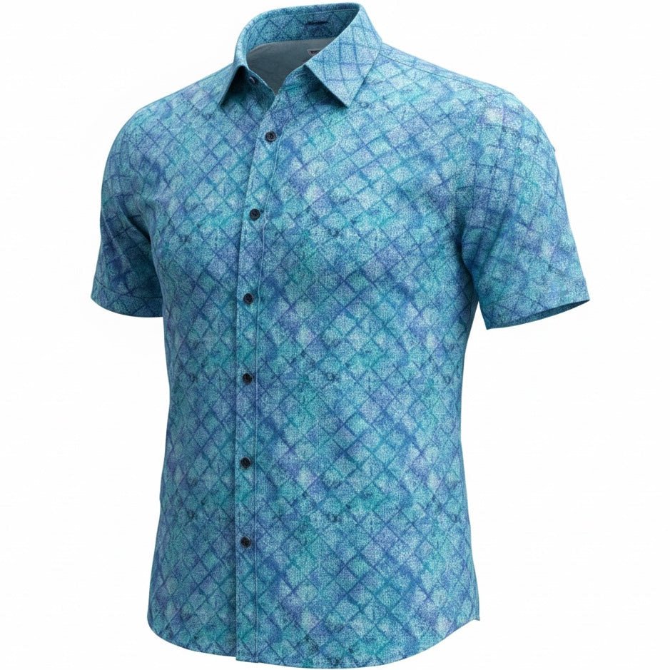 Blue patterned shirt on a white background