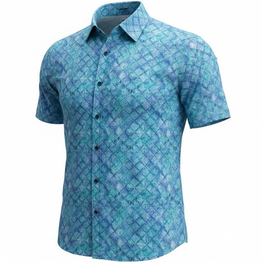 Blue patterned shirt on a white background