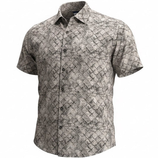 Short-sleeve shirt with a geometric pattern on a white background