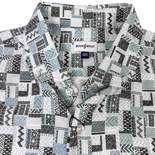 Patterned shirt with a visible brand label on a white background