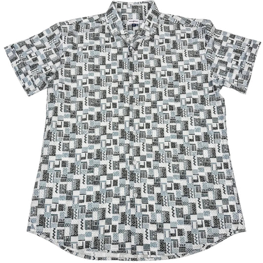 Short-sleeve shirt with geometric pattern on a white background