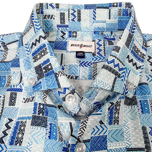 Blue and white patterned shirt with a visible brand label on a white background