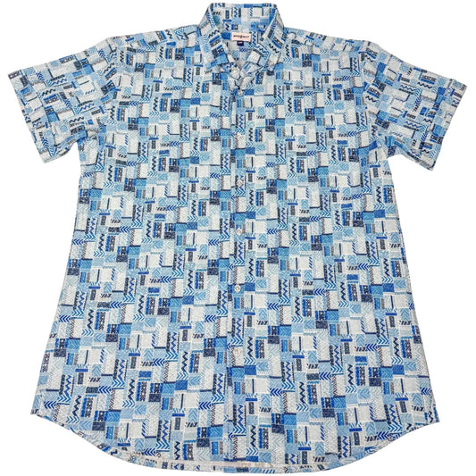 Blue patterned shirt on a white background