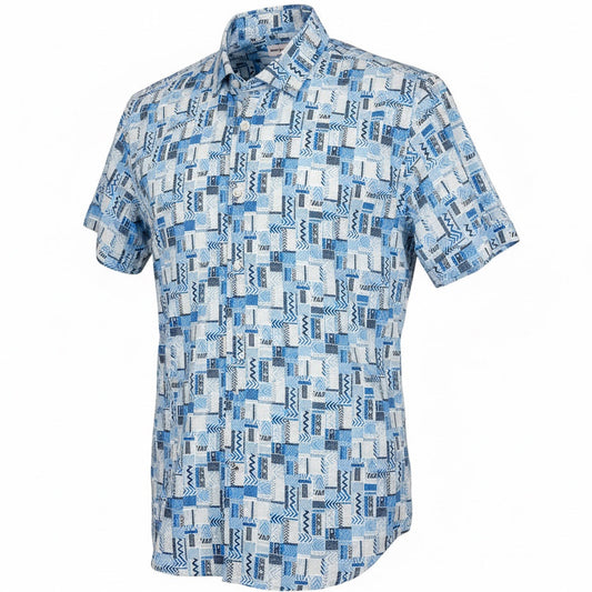 Short-sleeve shirt with blue geometric pattern on a white background