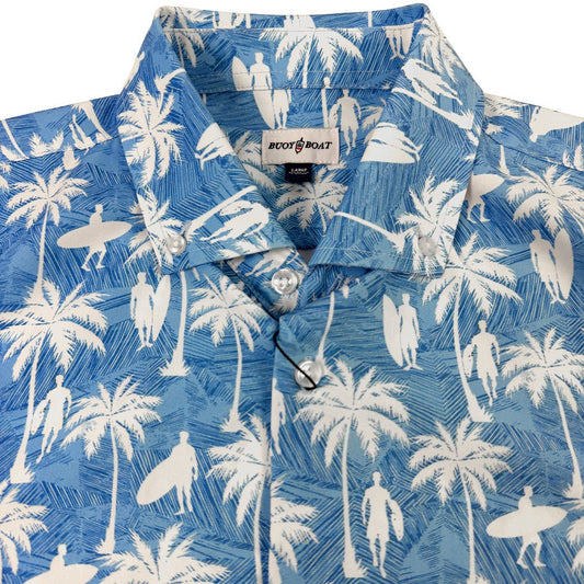 Blue shirt with white palm tree and surfboard pattern, featuring a brand label.