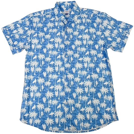 Blue shirt with white palm tree pattern on a white background